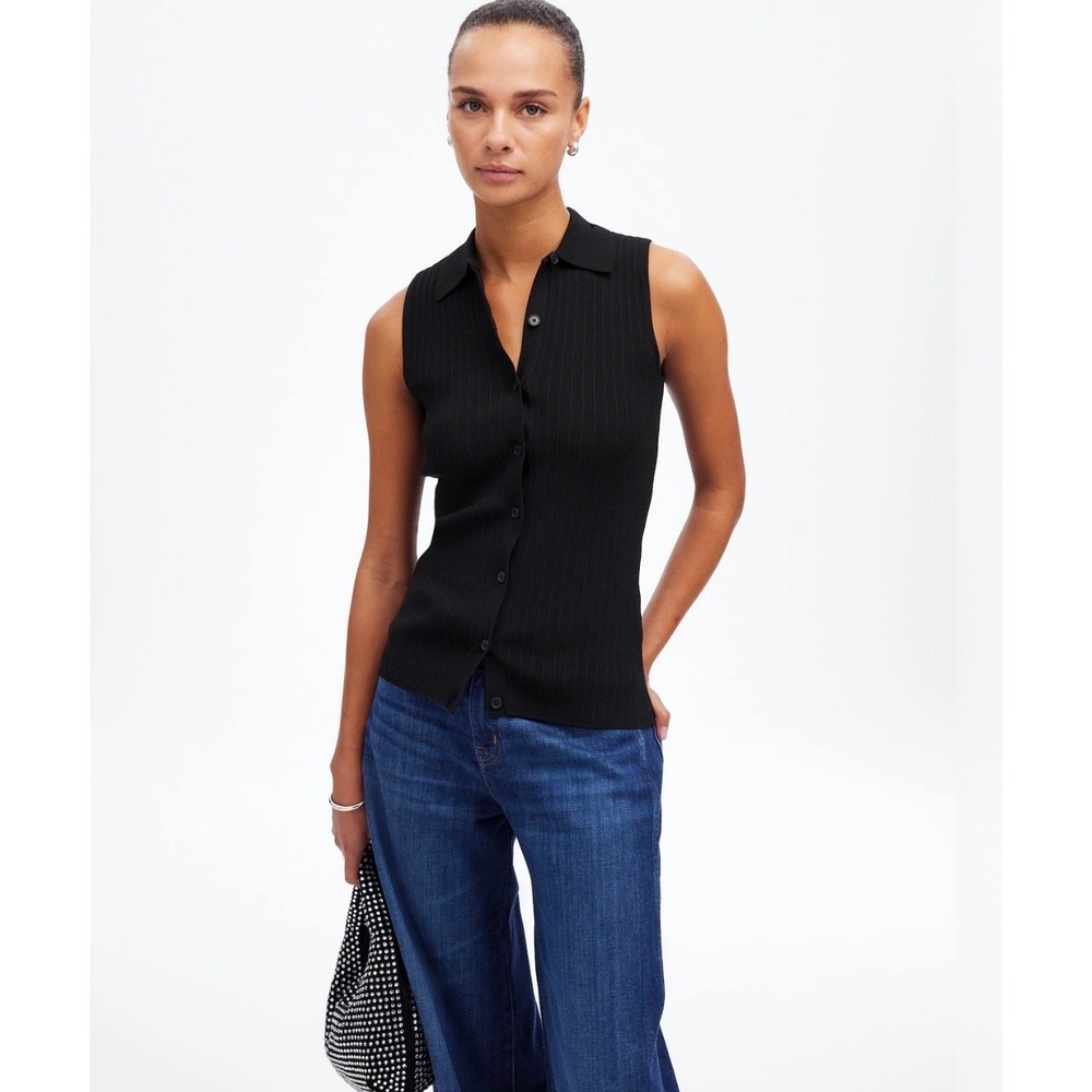Madewell Women's Signature Knit Top Button Front Ribbed‎ Vest Black Size XL